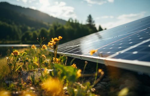 Close up of Portable Sun Energy on the grass in mountains, future innovative solutions, Generative AI